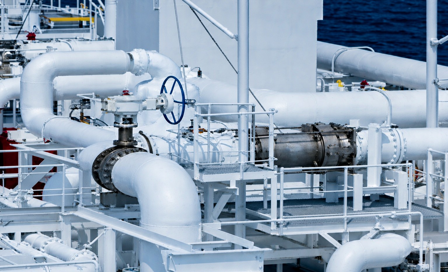 LNG cryogenic ball valves White insulated cryogenic pipelines with manual ball valves on an LNG carrier deck - J-VALVES cryogenic ball valves