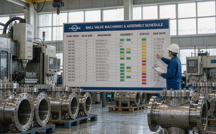 Ball Valve Lead Time from China: What Drives It Ball valve machining and assembly schedule board at the J-VALVES valve factory