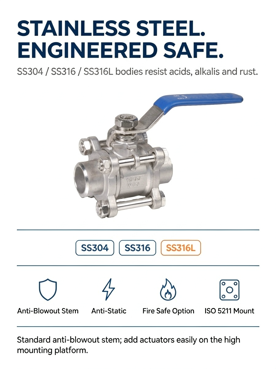 Three piece butt weld ball valve J-VALVES Stainless steel three piece butt weld ball valve 1000 WOG full port with locking lever by J-VALVES