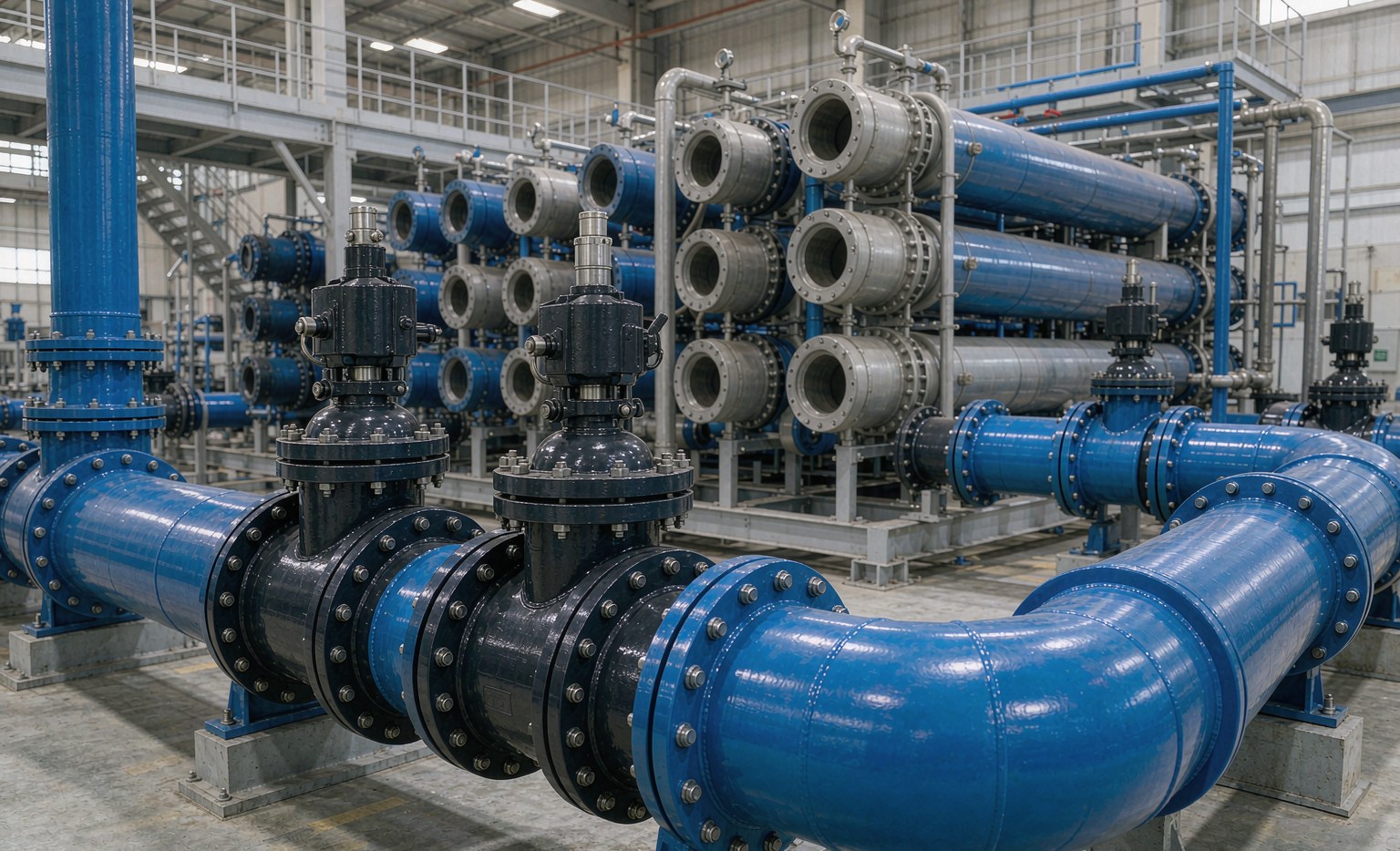 FBE coated ball valves for desalination FBE coated ball valves installed on blue seawater process piping at a desalination plant - J-VALVES