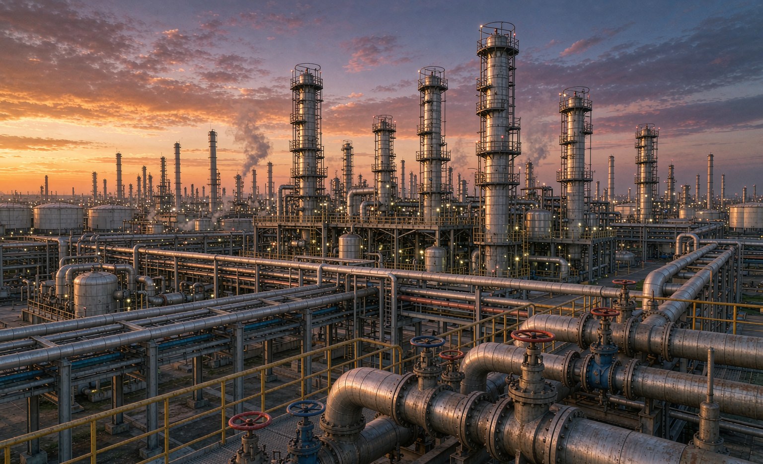 Refining and petrochemical ball valves Oil refinery and petrochemical plant process piping at sunset - API 6D ball valves by J-VALVES