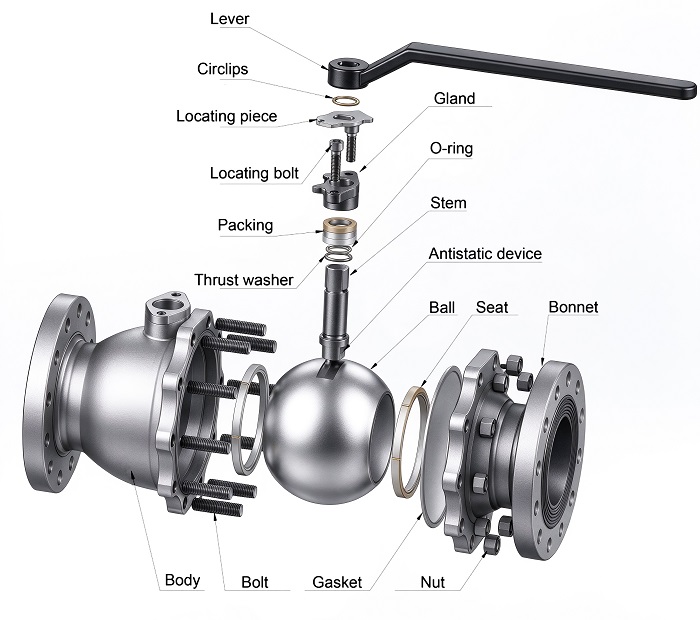 Floating Ball Valve Torque and Seat Load Explained Cutaway of a floating ball valve showing the ball pressed onto the downstream seat by line pressure