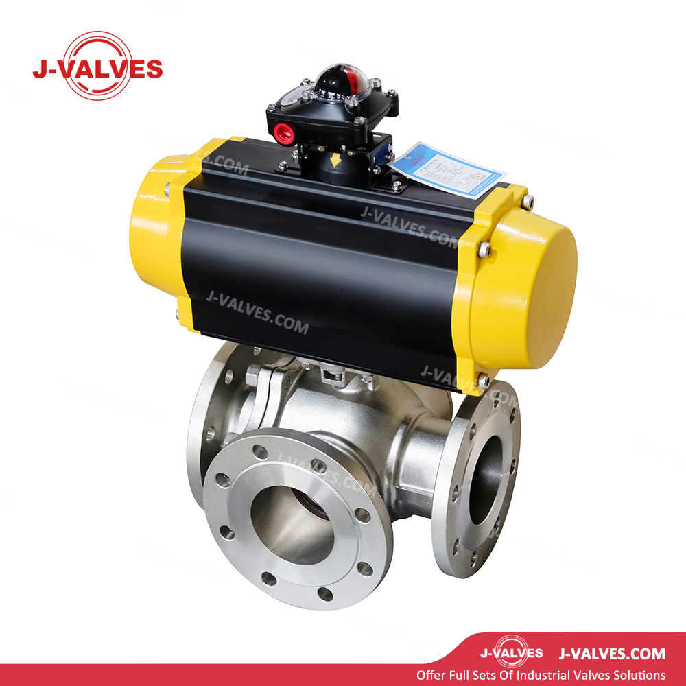 DN100 PN16 CF8 Pneumatic Three Way Flange Floating Ball Valve 