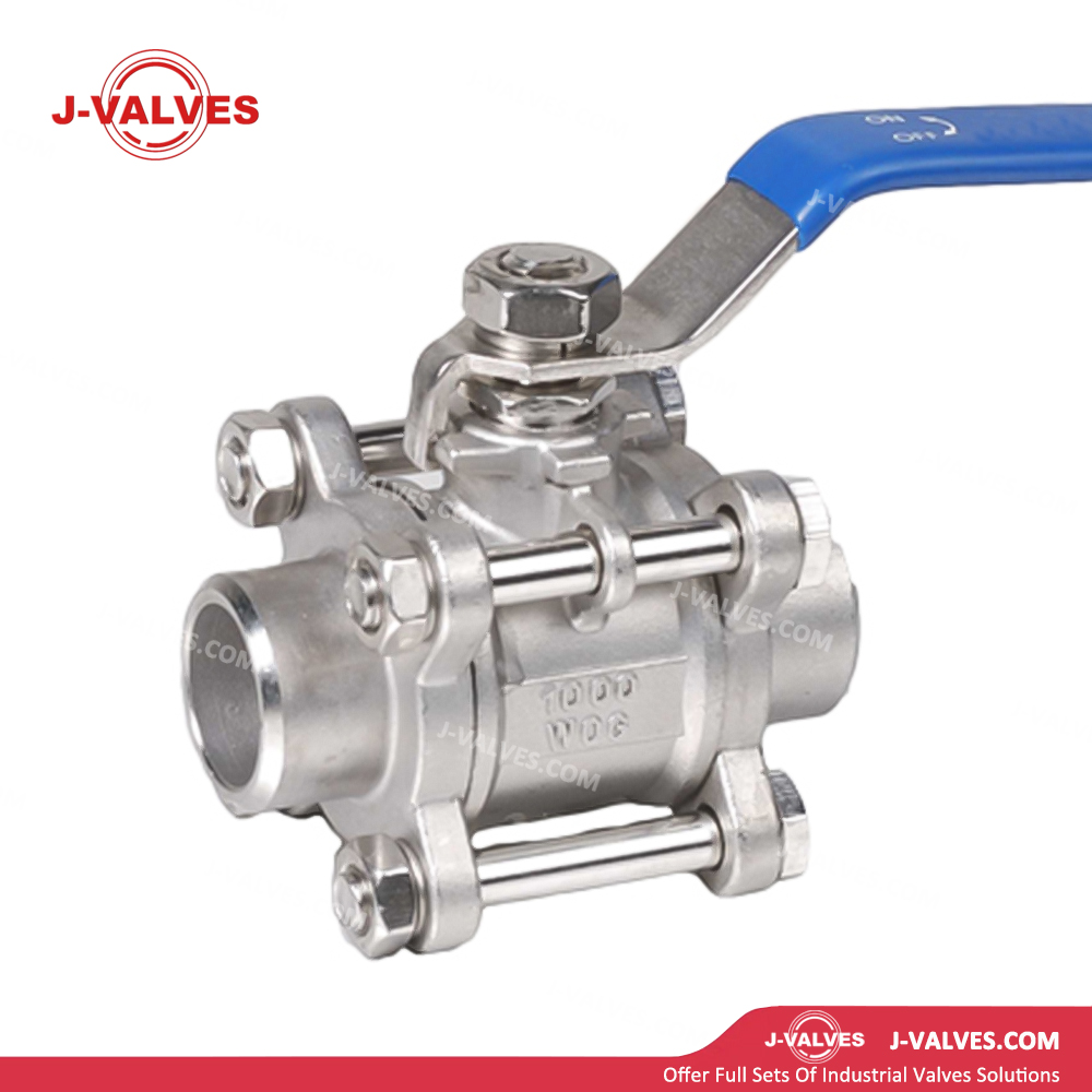 Stainless steel three piece butt weld ball valve 1000 WOG full port with locking lever by J-VALVES 