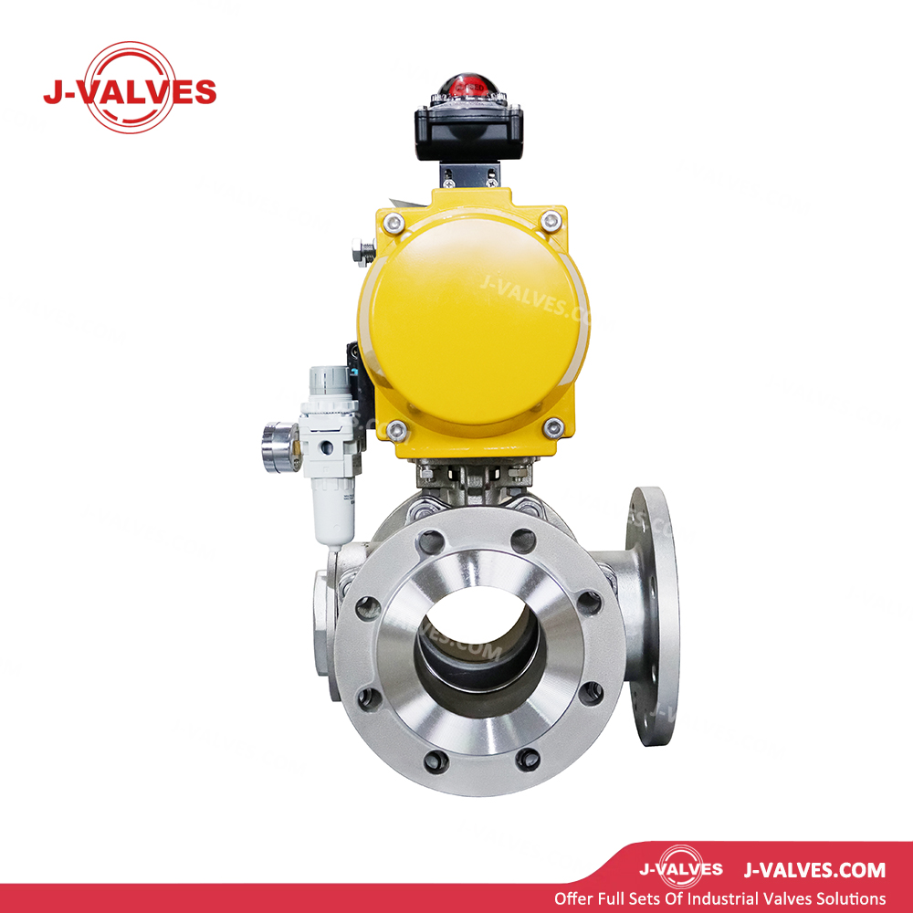 DN100 PN16 CF8 Pneumatic Three Way Flange Ball Valve
