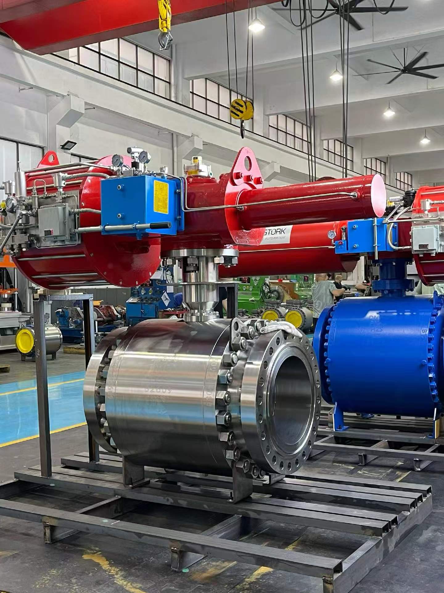 Pneumatic actuated cryogenic ball valves with extended bonnets in final assembly at the J-VALVES Wenzhou workshop