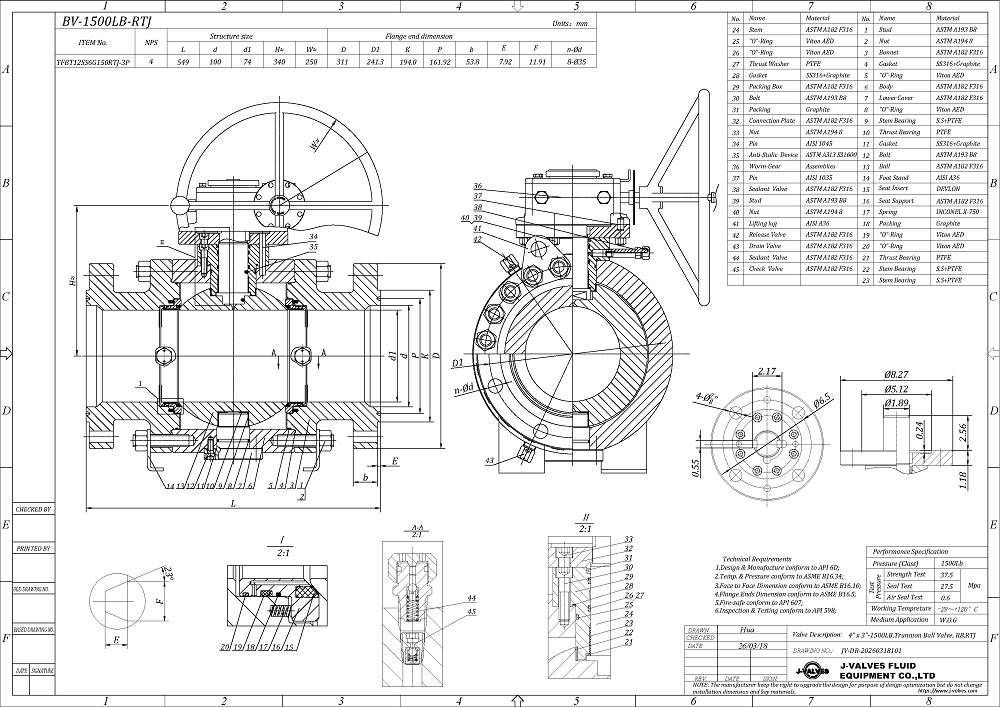 Reduced bore trunnion ball valve technical drawing Reduced bore trunnion ball valve technical drawing with dimensions from J-VALVES