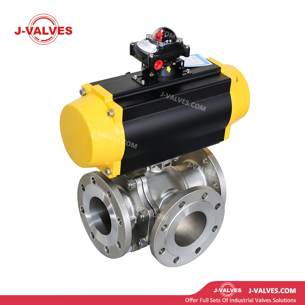 DN100 PN16 CF8 Pneumatic Three Way Flange Ball Valve