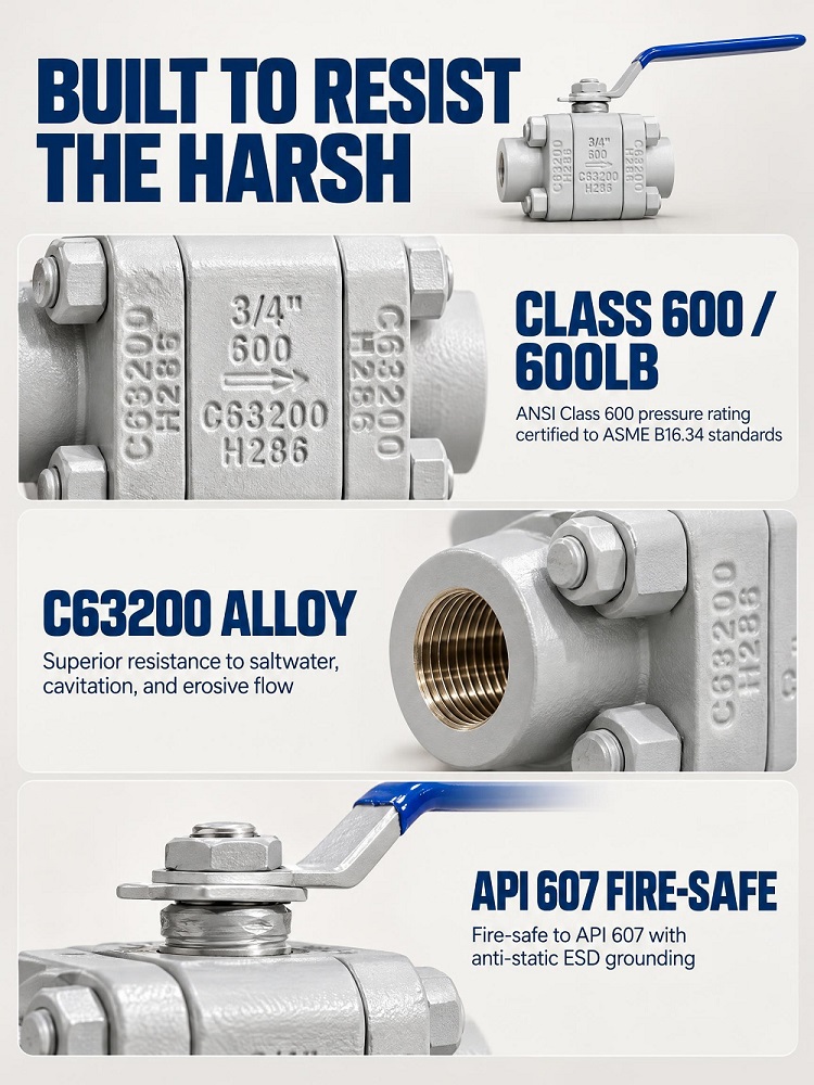3/4 inch C63200 high pressure ball valve J-VALVES 3/4 inch 600LB C63200 nickel aluminum bronze high pressure ball valve with blue handle by J-VALVES